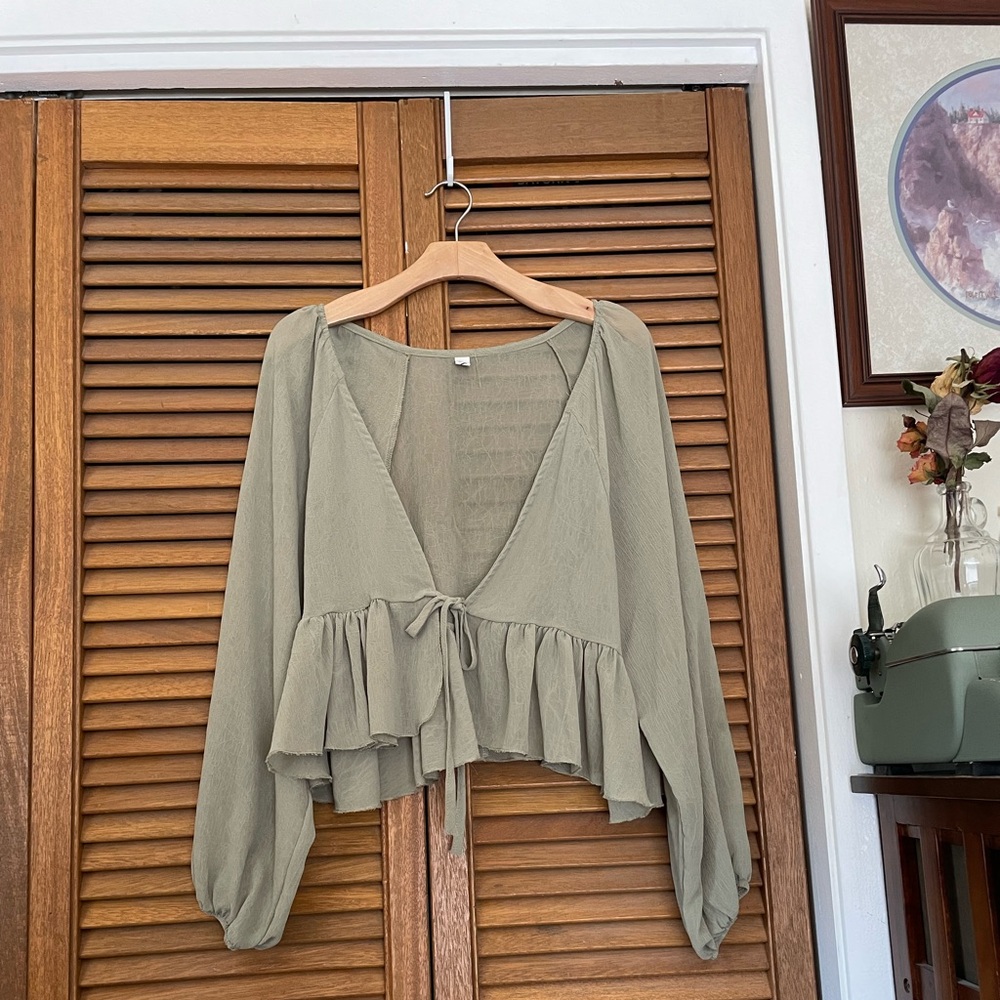 ✨ Pale Sage Green Flowy Drawstring Blouse ✨